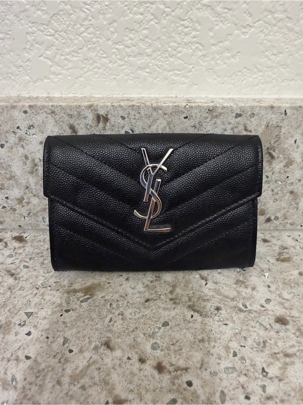 Saint Laurent Black Quilted Leather Wallet Clutch with Silver YSL Logo